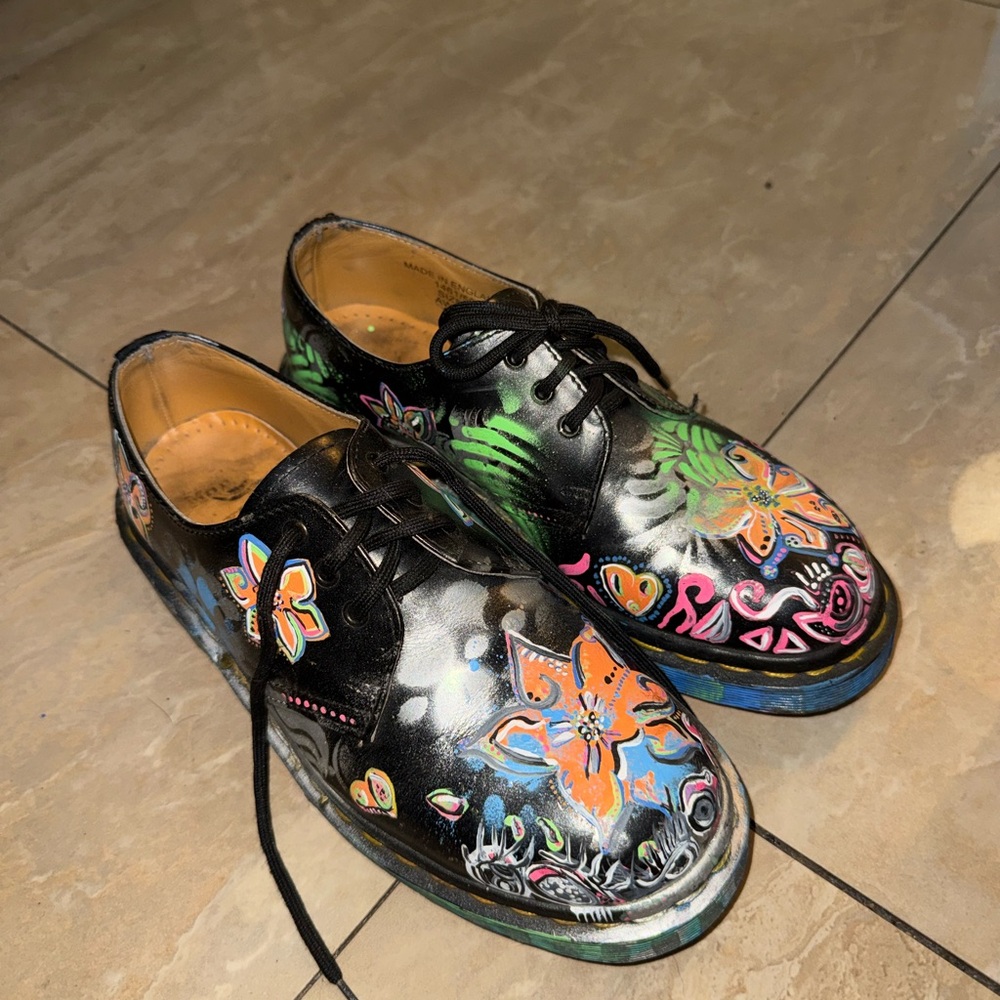 Dr. Martens Black Leather Floral Hand-Painted Oxfords